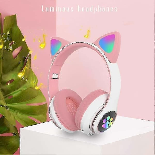 Gaming Headset Mode Bluetooth Katteøre LED Lys Trådløst Headset-Pink