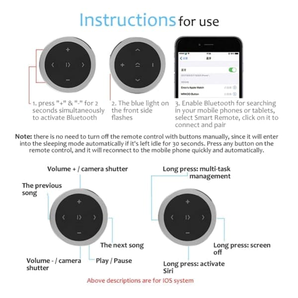 Rattfjernkontroll, trådløs Bluetooth 3.0 medieknapp, musikkavspilling, fjernkontroll for IOS/Android