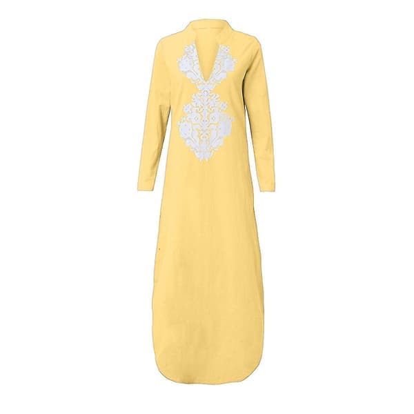 Damtryckt långärmad V-ringad klänning med slitsfåll, lös kaftan långklänning gul S Yellow S