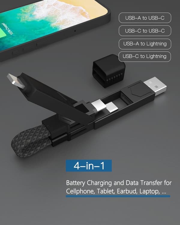 4-in-1 PD65W Data Cable Multi USB -latauskaapeli: Lyhyt EDC-kaapeli Lightningille, Type C:lle ja A:lle, punainen Red