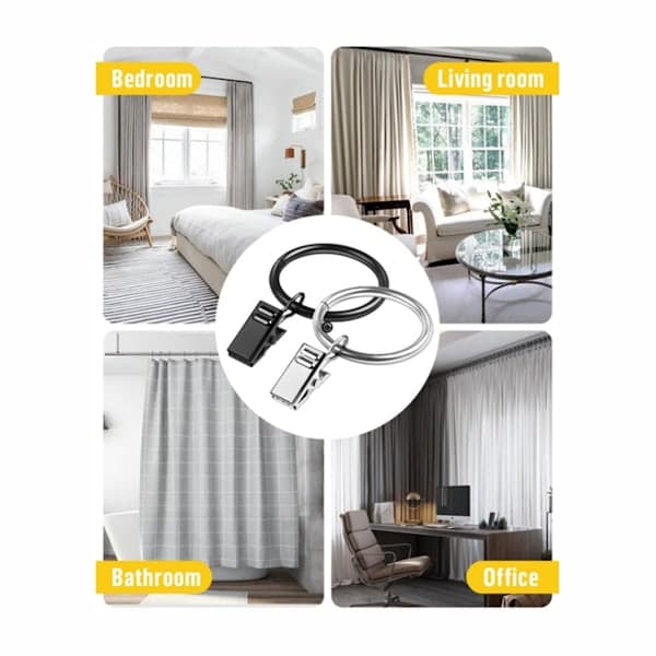 Bruseforhængsringe med clips, 32 mm bruseforhængsringe, bruseforhængsringe, 25 stk., rustfrit stål, sort