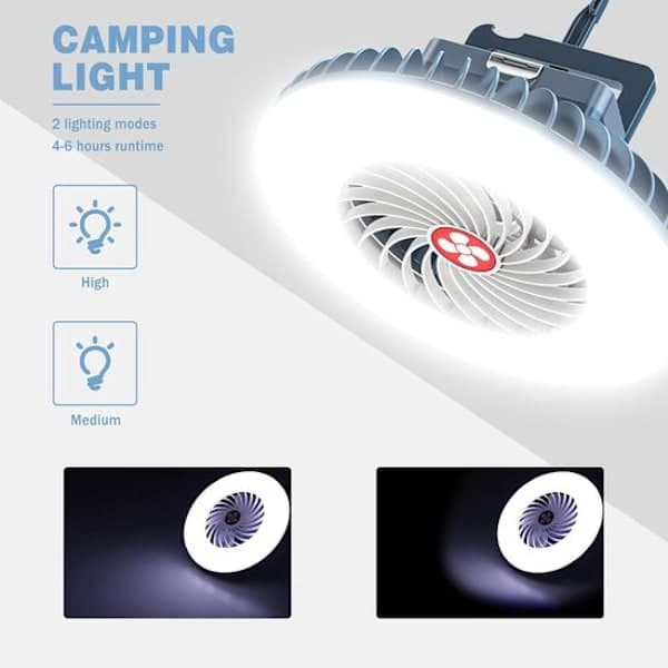 LED Campinglampe - Med Ventilator - USB Genopladelig - Campingventilator med Lampe