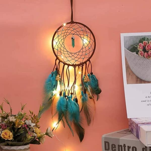 Liten drömfångare med LED-lampor, drömfångare väggdekor heminredning - 13 cm diameter, 45 cm längd