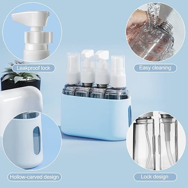 Set med 4 transparenta 50 ml reseflaskor, resestorlek, läckagesäkra, med förvaringslåda, blå.