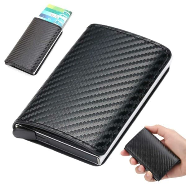 Kulfiber Pop-up Kortholder med RFID Beskyttelse PU Sort Sort