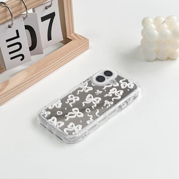 Kompatibel med iPhone 16 Plus-deksel Søt speilsløyfe kjærlighetshjertemønster for kvinner jenter bånddesign støtsikker -Happy iPhone 16 Plus iPhone 16 Plus iPhone 16 Plus