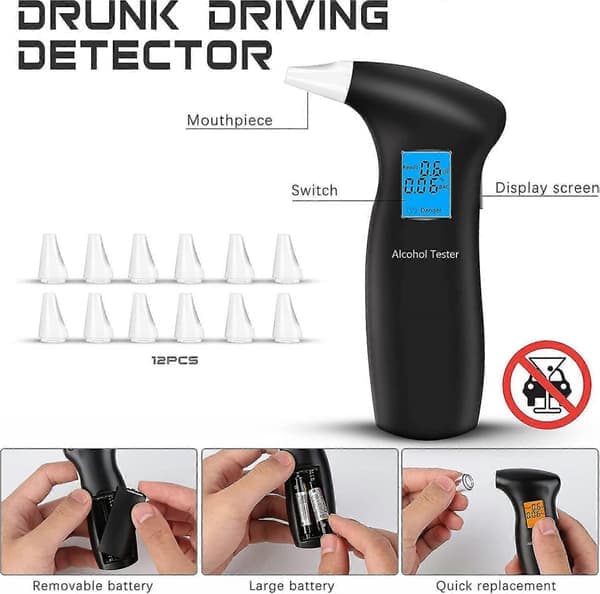 Alkometer, præcist alkometer til politiet, professionelt alkometer med 12 dyser og LCD-display