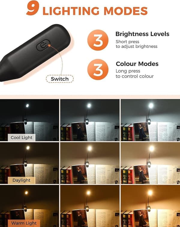 Boklampe, 14 LED dimbar leselys med klips, lang batterilevetid, oppladbart klipsleselys med 3 lysstyrkeinnstillinger for lesing, seng