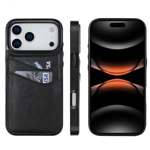 iPhone 17 Pro Max Cover - Litchi Læder med Kortplads Sort Sort Svart