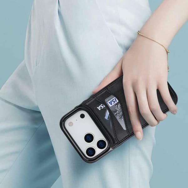 iPhone 17 Pro Max Cover - Litchi Læder med Kortplads Sort Sort Svart