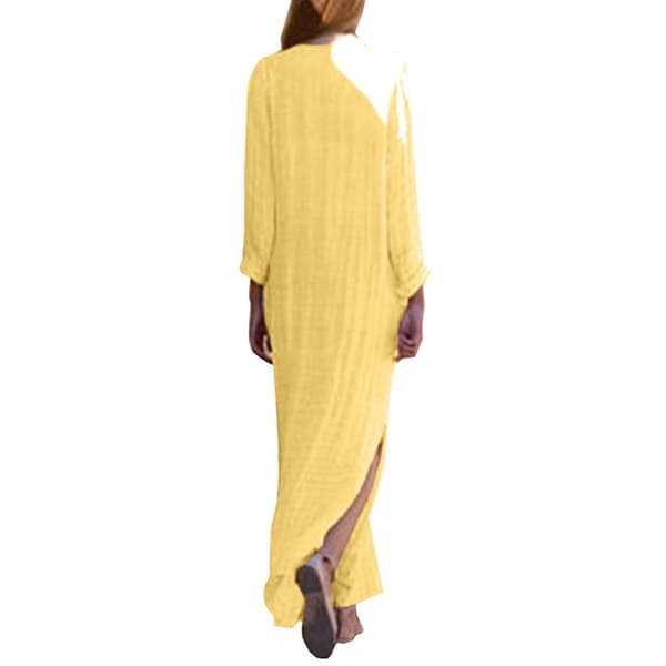 Damtryckt långärmad V-ringad klänning med slitsfåll, lös kaftan långklänning gul S Yellow S