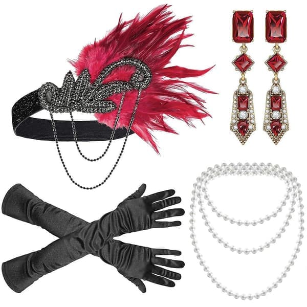 Flapper Tilbehør, 1920'er Gatsby Tilbehør til Kvinder Inkluderer Flapper Pandebånd Halskæde Handsker Sort