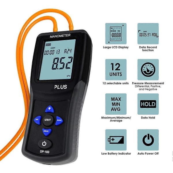 Manometer Digital Elektronisk Handhållen Differentialtryckmätare Lufttrycksmätare Barometer med Bakgrundsbelyst Display