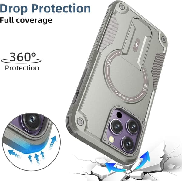 Magnetisk iPhone-deksel med stativ, MagSafe-kompatibelt, robust innebygd stativ, støtsikkert med militærgradert fallbeskyttelse for iPhone Grå iPhone 12 Grey iPhone 12