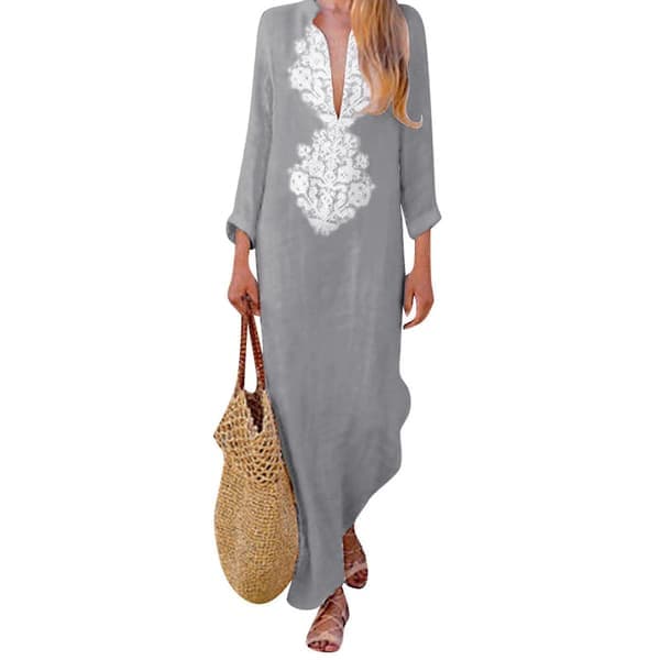 Damtryckt långärmad V-ringad klänning med slitsfåll, lös kaftan långklänning grå XL Gray XL