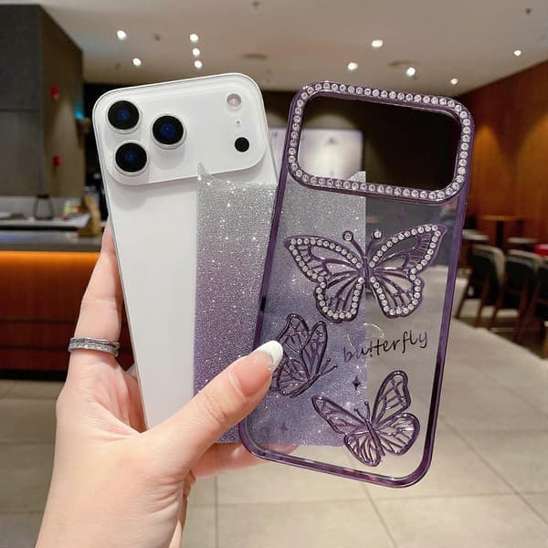 Etui til iPhone 17 Pro Max med rhinestone sommerfugldekor, TPU-bakside, sølv