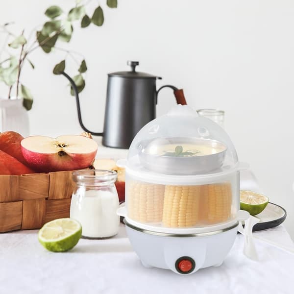 Elektrisk eggkoker | 3 kokemoduser | Automatisk drift | Overopphetingsbeskyttelse | 75 ml | Plast | Hvit dobbeltdekker