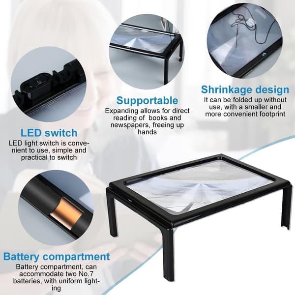 Leseglass, 3X forstørrelse A4 rektangulær, med 4 sterke LED-lys, for bøker, synshemmede, eldre, sying, smykker