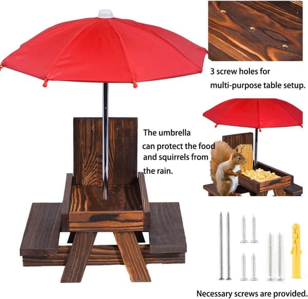 Egernfoderhus Picnictable med Parasol og Majskolbeholder, Ny Premium Gave til Egern- og Jordegernelskere, Udendørs Havepynt Blå Blue