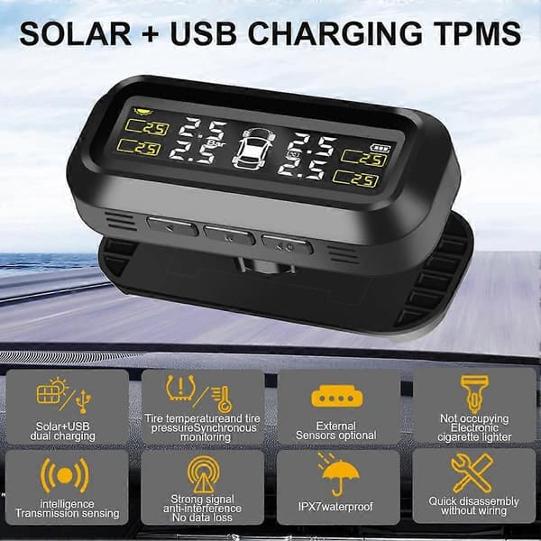 Däcktrycksövervakningssystem Temperaturvarning Bränslebesparing med 4 externa sensorer Solar TPMS Bildäckstrycksövervakare