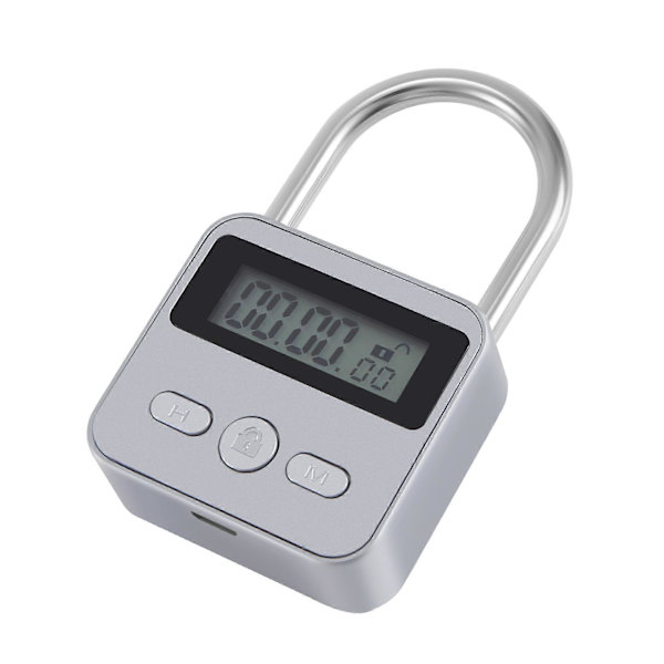 Metall Timer Lås LCD-skjerm Multifunksjon Elektronisk Tid 99 Timer Maks Timing USB Oppladbar Timer Hengelås, Sølv Silver