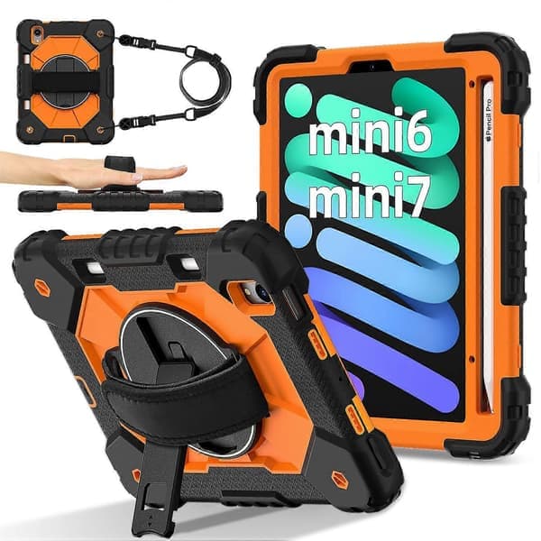 Etui til iPad mini (2024)/(2021) Silikone+PC Stand Tablet Beskyttelse med Praktisk Rem - Sort/Orange