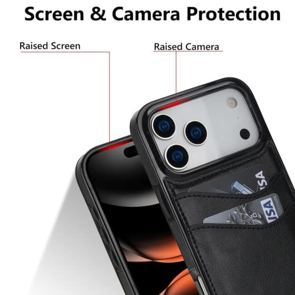 iPhone 17 Pro Max Cover - Litchi Læder med Kortplads Sort Sort Svart