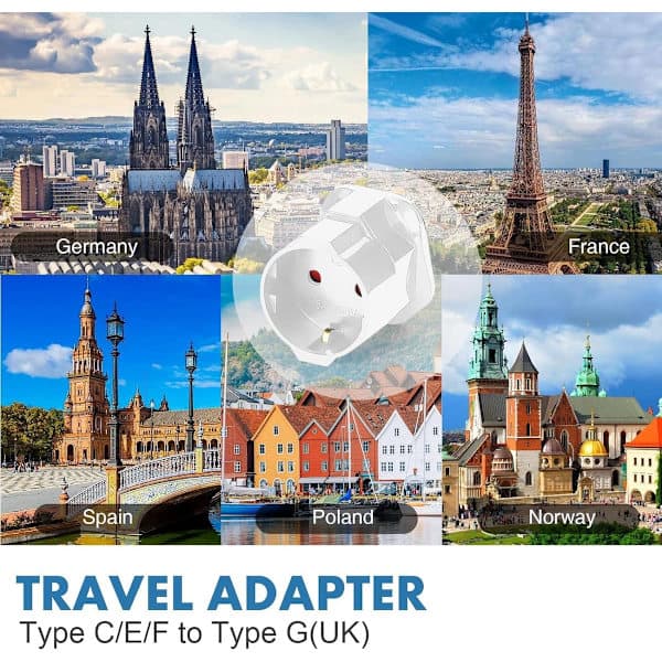 2x Reiseplugg England, Multifunksjonell reiseadapter, Reiseplugg England, Reiseadapter, Hvit, pluggadapter for England, Verdensadapter