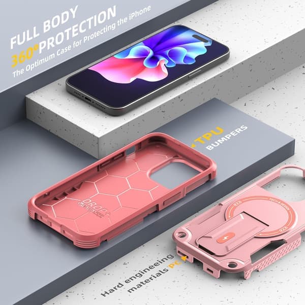 Magnetisk iPhone-deksel med stativ, MagSafe-kompatibel, robust innebygd stativ, støtsikker med militærgradert fallbeskyttelse for iPhone Rosa iPhone 14 Plus Pink iPhone 14 Plus