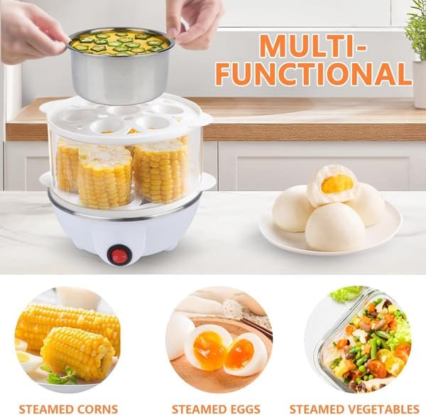 Elektrisk eggkoker | 3 kokemoduser | Automatisk drift | Overopphetingsbeskyttelse | 75 ml | Plast | Hvit dobbeltdekker