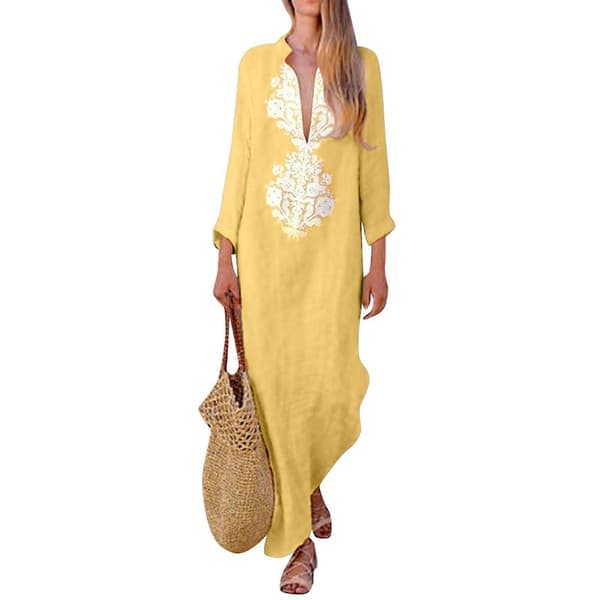 Damtryckt långärmad V-ringad klänning med slitsfåll, lös kaftan långklänning gul S Yellow S