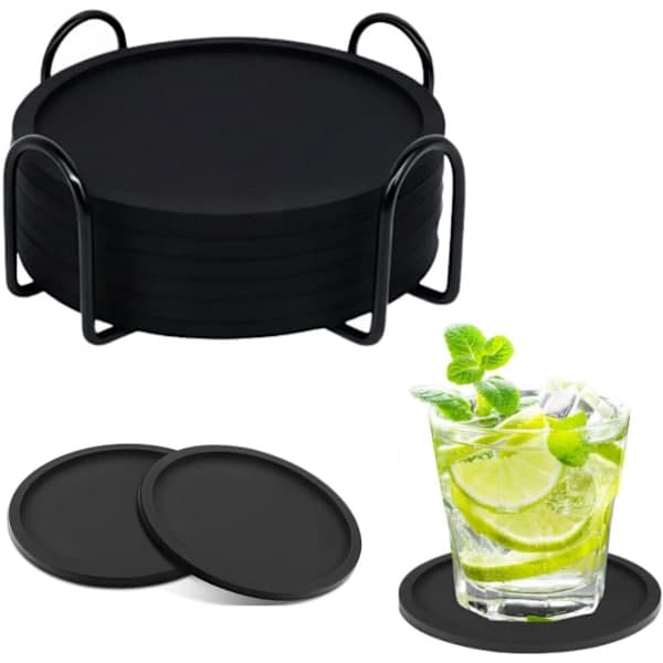 Glasbrikker, Brikker til glas, Sorte glasbrikker, Tykke runde silikonebrikker, Til drinks, Kaffemåtter, Barmåtter til øl, Fortykket, 5 cm