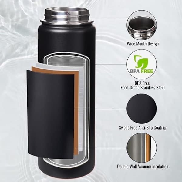 750 ml fuldt isoleret vandflaske - 304 rustfrit stål - Holder koldt i 24 timer og varmt i 12 timer - Sort