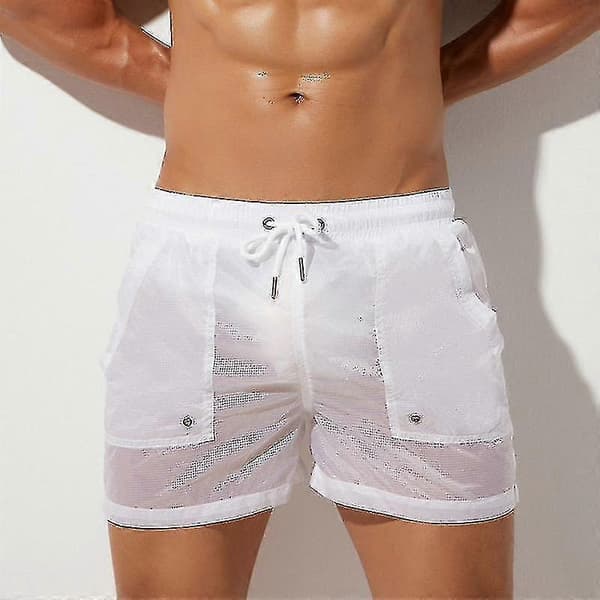 Transparenta badkläder för män, badshorts, badbyxor, bermudas, surfstrand, vit M White M