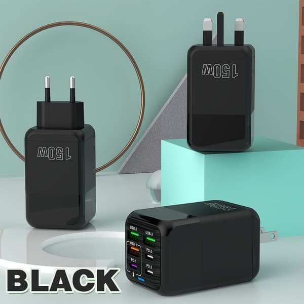 150W full protokoll superrask ladehode, multi-port lader, multifunksjonell skrivebordsadapter Svart Black