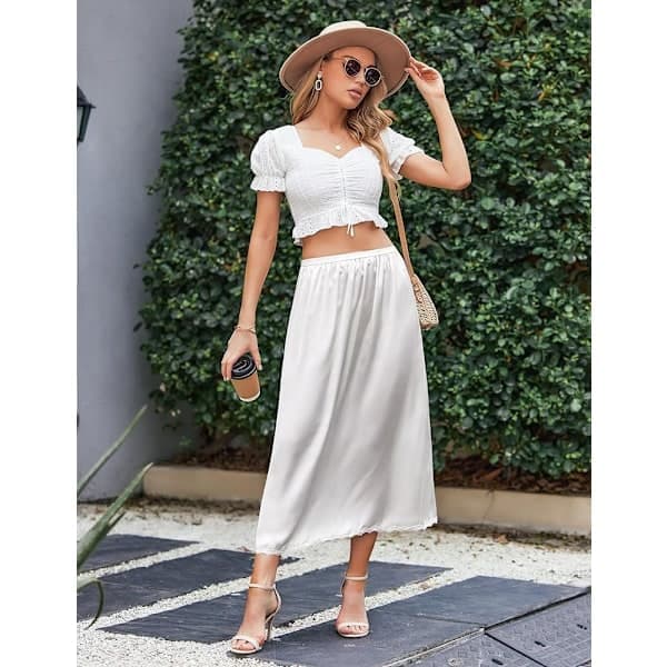 Satin Underkjole med Blonde til Kvinder, Lang Underkjole hvid L L