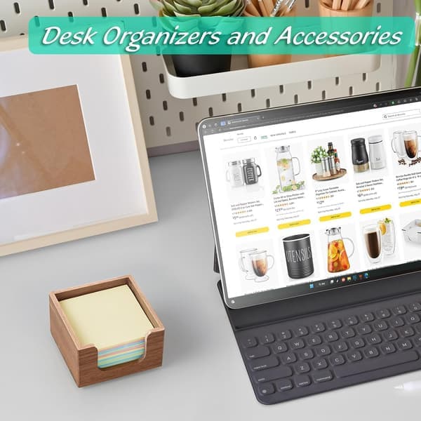 Akacietræ Sticky Note Holder, Post It Note Holder til Kontorbord Tilbehør, Sticky Note Pad Holder, Memo Pad Holder Dispenser Organizer