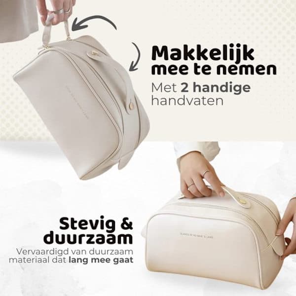 Stilfuld toilettaske - Beige - Makeuptaske - Dobbelt lynlås - 26*16*16cm