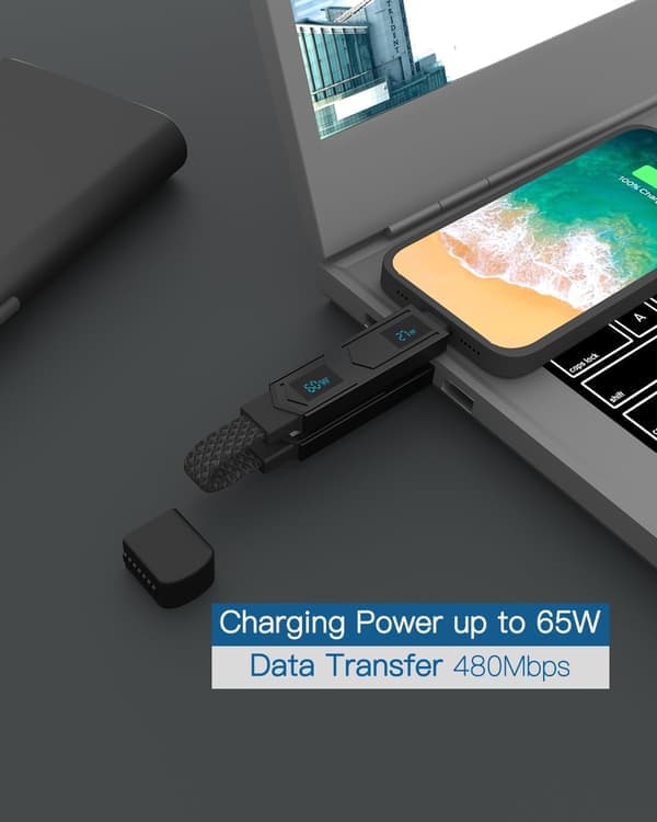 4-i-1 PD65W Datakabel Multi USB Laddningskabel: Kort EDC-kabel för Lightning, Typ C och A Svart Black