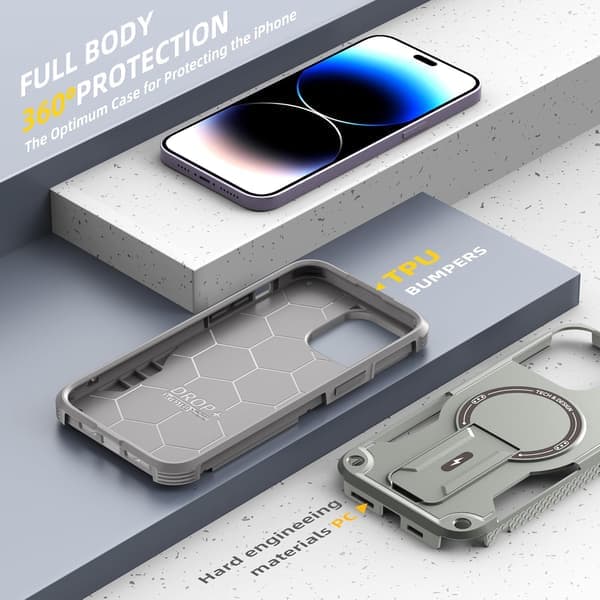 Magnetisk iPhone-deksel med stativ, MagSafe-kompatibel, robust innebygd stativ, støtsikker militærgradert fallbeskyttelse for iPhone Grå iPhone 15 Grey iPhone 15