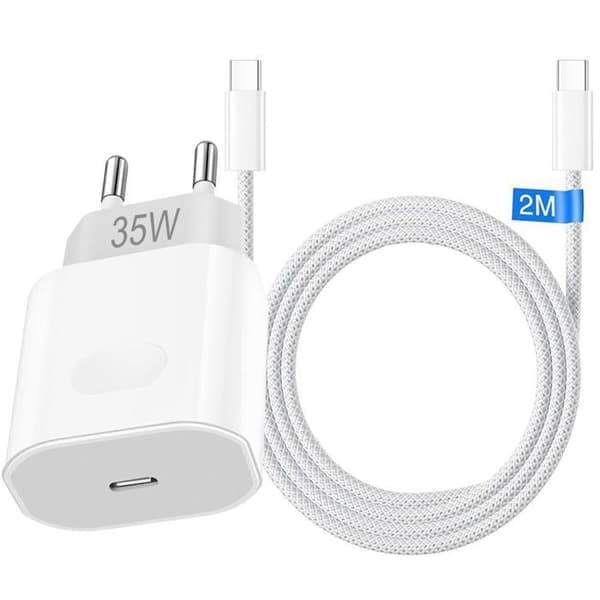Hurtigoplader 35W - EFConnection - USB-C - Kabel 2M - Kompatibel med iPhone 17, 17 Pro, Pro Max, 16, 15 Hvid