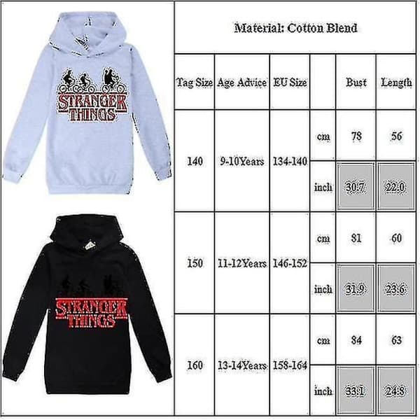 Stranger Things-tema Teen Casual Hættetrøjer Langærmet Hættetrøje Pullover Toppe Sort 13-14 år
