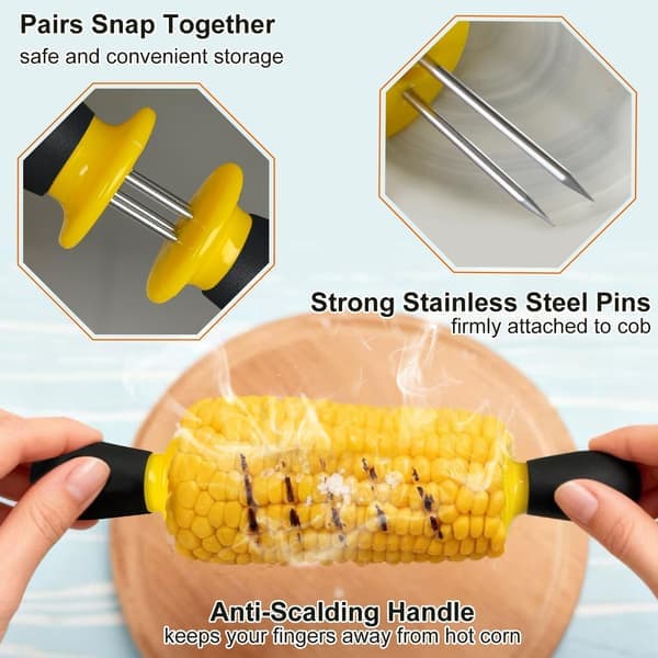 12 stk/6 par maiskolbeholdere, maiskolbeholdere i rustfritt stål for hjemmelaging, grilling, camping, gul-svart 8 stk