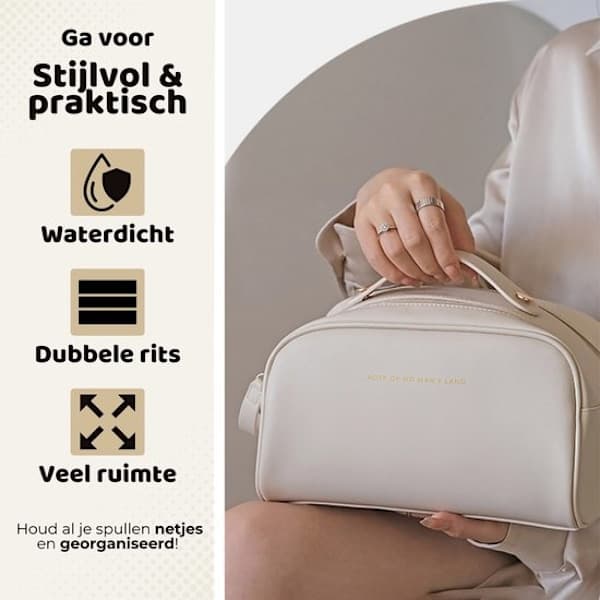 Stilfuld toilettaske - Beige - Makeuptaske - Dobbelt lynlås - 26*16*16cm