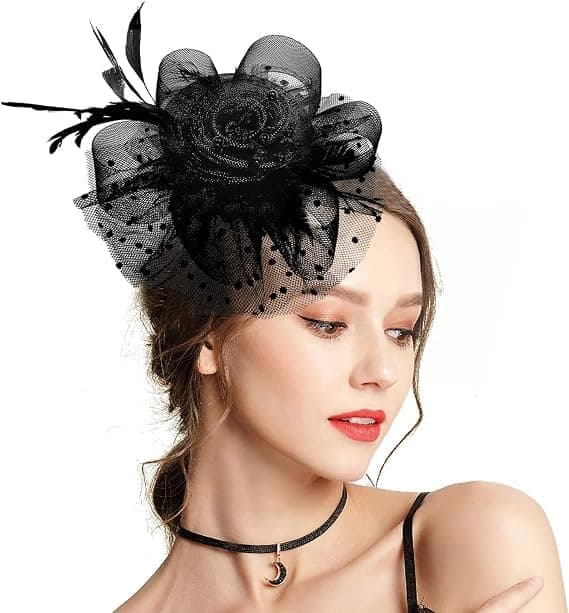Fascinator til kvinder, teselskabshat til kvinder, til kirke, bryllup, cocktail, sort