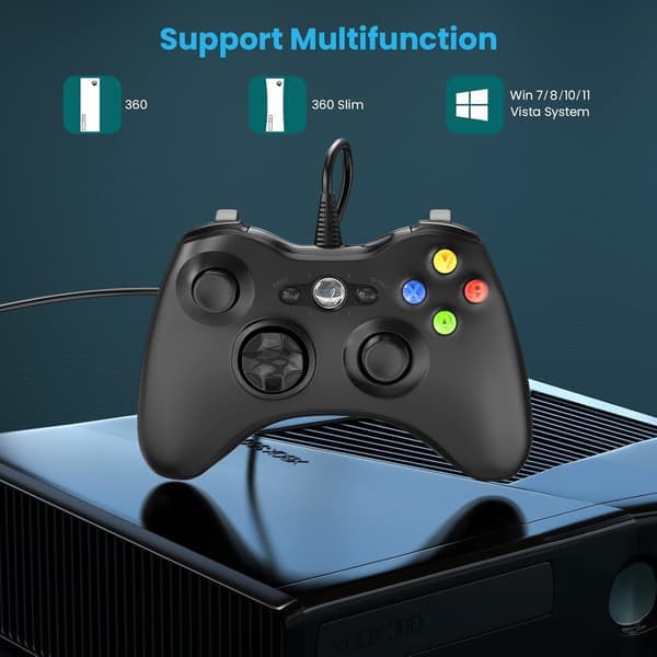 Kablet controller til Xbox 360, Game Controller til 360 med dobbelt vibrationsturbo kompatibel med Xbox 360/360 Slim og PC Windows 7,8,10,11 Sort Black