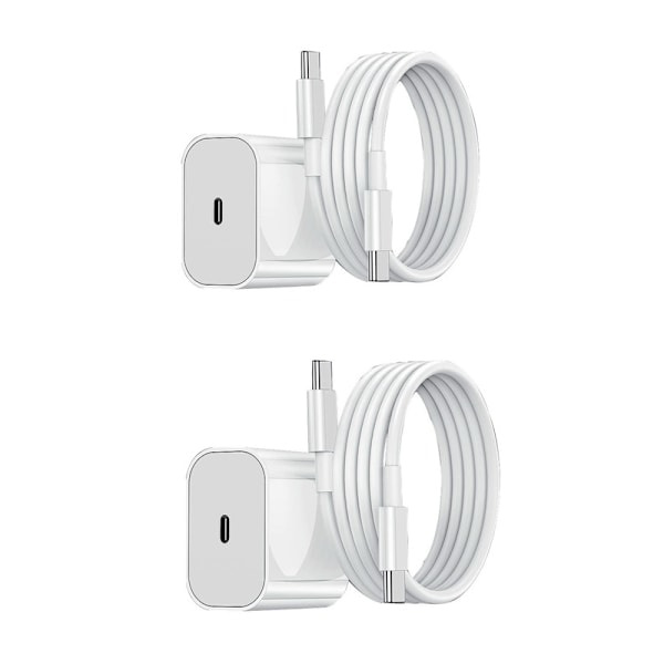 iPhone 20W Hurtiglader med Adapter + 2m USB-C Kabel, Hvit, 2-Pakning