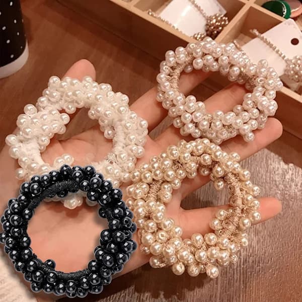 4 stk. Perle Hårbånd, Elastiske Hårbånd Hestehaleholder Scrunchies Stramme Hårringe til Kvinder