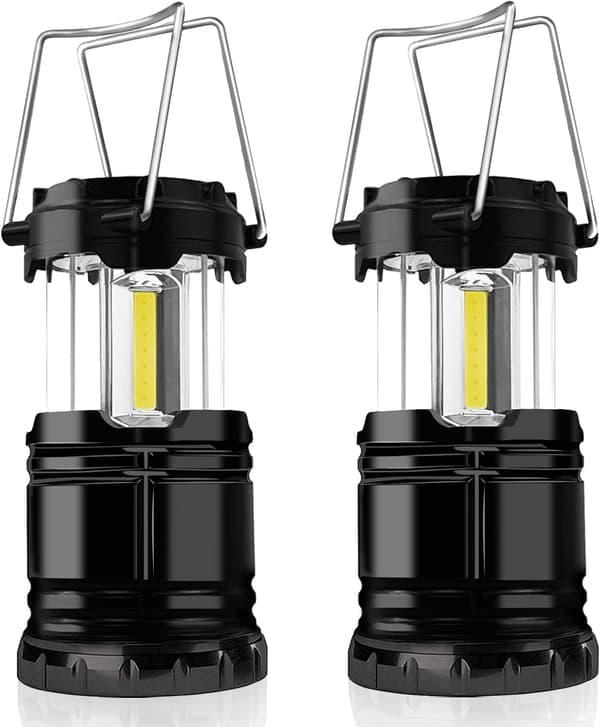 Sæt med 2 bærbare LED-campinglamper, batteridrevne, med foldbare og vandtætte kroge.