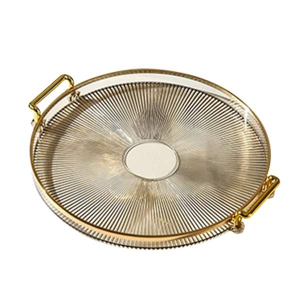Round Tray with Handle Multifunctional Transparent Round Serving Tray for Bread Fruit Dessert Snacks Kitchen Bathroom Amber Gold